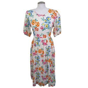 F&F Dress US Size 8 Ivory Colorful Floral Puff Sleeve Midi Waist Cut Out Summer